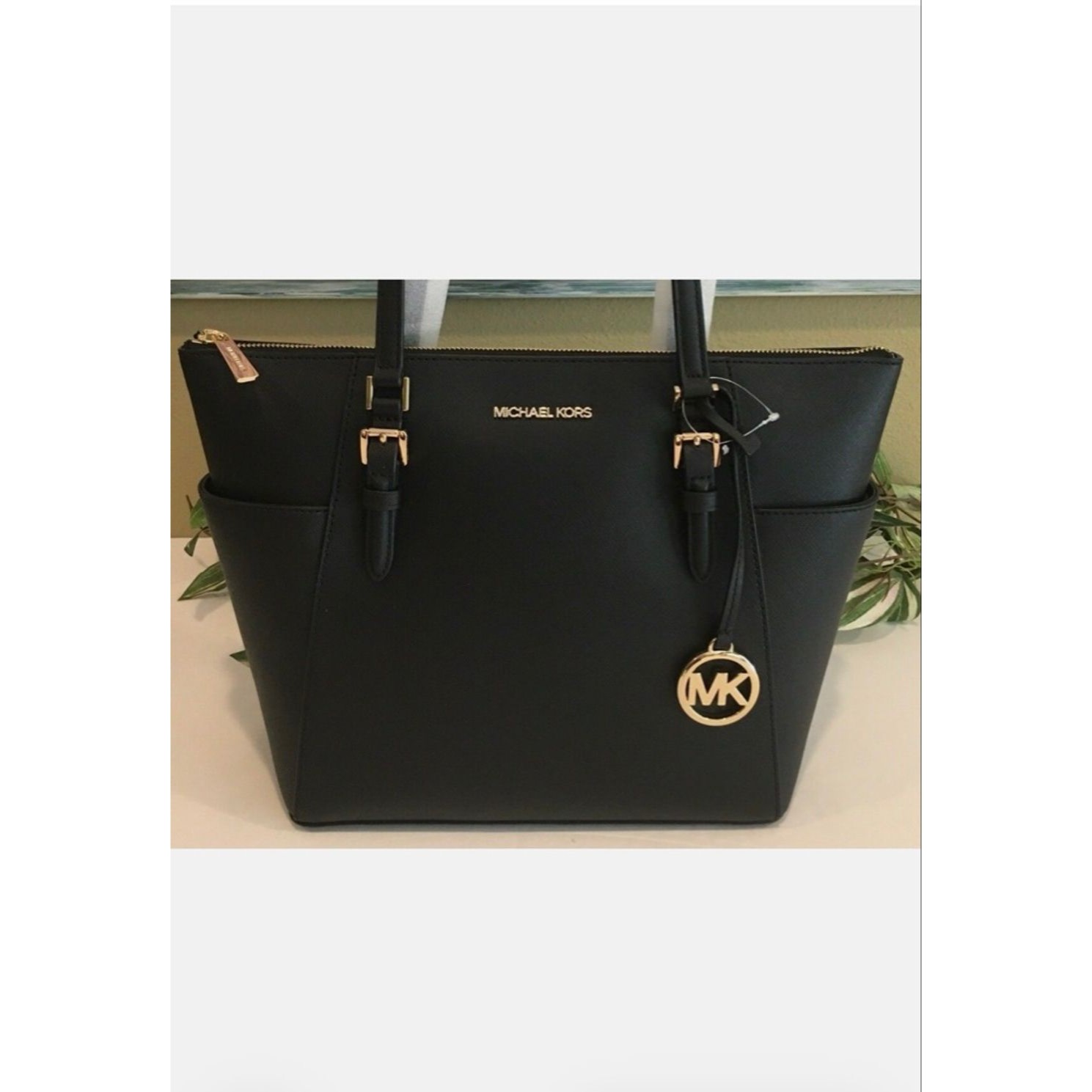 Women's Michael Kors Charlotte Black Leather Large Zip Tote Bag One Size